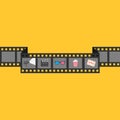 Film strip icon set. Popcorn, clapper board, 3D glasses, ticket, projector. Cinema movie night. Flat design style. Yellow backgrou