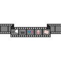 Film strip icon set. Popcorn, clapper board, 3D glasses, ticket, projector. Cinema movie night. White background. Isolated. Flat