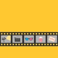 Film strip icon set. Popcorn, clapper board, 3D glasses, ticket, projector. Cinema movie night. Yellow background. Flat design sty