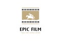 Film Strip Reel Horse Knight Silhouette Medieval Warrior Horseback bring War Sword for Epic Colossal Movie Cinema Production Logo