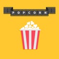 Film strip ribbon line with text. Popcorn. Red white box container. Cinema movie night icon in flat design style. Royalty Free Stock Photo