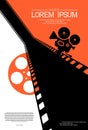 Film strip on the way with silhouette of cinema projector on a tripod and film roll. Cinema background. Retro movie festival Royalty Free Stock Photo