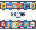 Film strips and set of sale and shopping icons for