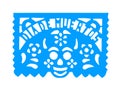 A Mexican perforated paper or pecked paper, with a skull head with the text in Spanish day of the dead.