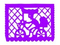 A Mexican perforated paper or pecked paper with skull riding a bicycle holding a basket with bread.