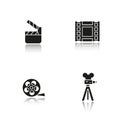 Filming drop shadow black icons set. Film camera, video , reel, movie clapperboard symbol. vector Royalty Free Stock Photo