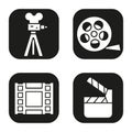 Filming icons set. Film camera, video, reel, movie clapperboard symbol.