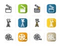 Filming icons set. Flat design, linear and color styles. Movie clapperboard, film camera, reel symbol. Isolated vector
