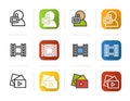 Filming icons set. Flat design, linear and color styles. Videographer, video film, play button symbol. Isolated vector