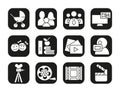 Filming icons set. Movie clapperboard, video film, play button, videographer, children symbol. Vector white silhouettes