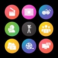 Filming silhouette icons set. Movie clapperboard, video film, play button, videographer, children. Smart watch UI style.