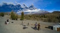 Filmmakers crew documenting an area covered with volcanic ash