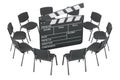 Filmmakers Workshop meeting concept. Chairs in a circle with clapperboard, 3D rendering