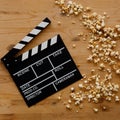 Filmmaking concept. Movie Clapperboard. Cinema begins with movie clappers. Movie clapper on an old wooden background and a Royalty Free Stock Photo