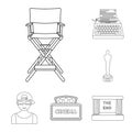 Films and cinema outline icons in set collection for design.Movies and Attributes vector symbol stock web illustration. Royalty Free Stock Photo