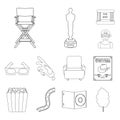 Films and cinema outline icons in set collection for design.Movies and Attributes vector symbol stock web illustration. Royalty Free Stock Photo