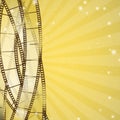 Filmstrip background golden rays and glittering particles. vector illustration