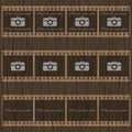 Filmstrip template with photo camera on wooden background Royalty Free Stock Photo