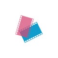 Filmstrips icon in blue and pink colors. Film or Media Icon. Play button. Cinema strip. TV Movie entertainment symbol. Stock