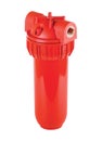 Filter flask red, plastic, main for hot water. Isolated white background. To improve quality water sources, with water