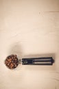 Filter holder and roasted beans coffee/ Filter holder and roasted beans coffee on a concrete background. Top view and copyspace Royalty Free Stock Photo