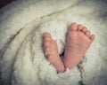 Filtered image newborn baby feet covered in plush lining blanket Royalty Free Stock Photo