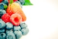 Filtered image studio shot pile of organic strawberries, blueberries and raspberries collection isolated Royalty Free Stock Photo