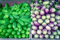 Filtered image vibrant green bitter melon and purple Asian eggplants at vegetable stand in Little India, Singapore Royalty Free Stock Photo