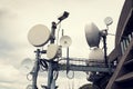 Filtered picture of security camera with transmitters and aerials on telecommunication tower Royalty Free Stock Photo