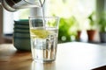 filtered water filling a clean glass pitcher