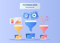 Filtering data illustration set picture video music on funnel to save file folder with flat color style. Royalty Free Stock Photo