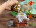 Filtering tincture from Tropaeolum majus, also called garden nasturtium or Indian cress