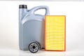 Filters and a container with oil for a passenger car. Maintenance accessories for vehicles for private use