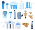 Filters for water purification. Supply of drinking water, cleaning it from pollution. Vector illustration Royalty Free Stock Photo