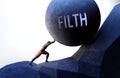 Filth as a problem that makes life harder - symbolized by a person pushing weight with word Filth to show that Filth can be a