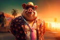 Filthy fat rich pig wearing sunglasses and summer hat. Generate ai