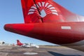 Fin of an ATR72 plane of the Malagasy national airline Air Madagascar parked on the runway of Antananarivo airport, Madagascar, on Royalty Free Stock Photo