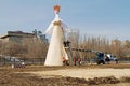 Final installation of a giant Russian Shrovetide doll for Russian national holiday `Shrove` in Volgograd