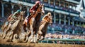 Final lap as the crowd cheers the jockey\'s and here Thoroughbred\'s thunder down the track towards the finish line. Royalty Free Stock Photo