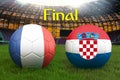 Final match France vs Croatia football team ball on big stadium background. France vs Croatia Team competition concept flag on bal Royalty Free Stock Photo