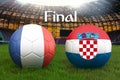 Final match France vs Croatia football team ball on big stadium background. France vs Croatia Team competition concept flag on bal Royalty Free Stock Photo