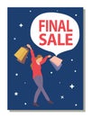Final sale announcement in the store. Photo of a young girl crossing her legs on the postcard cover Royalty Free Stock Photo