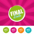 Final Sale color banner and 50%, 60%, 70% & 80% Off Marks. Vector illustration. Royalty Free Stock Photo