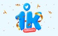 1K followers thank you Twitter 3d blue balloons and colorful confetti. Vector illustration 3d numbers for social media.