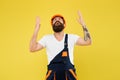 Finally. Engineered environment trend. Builder hard hat. Improvement and renovation. Brutal man builder. Bearded guy