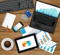 Finance analytic, accounting or businessmen workplace.Top view -laptop with financial graph on screen, tablet, documents