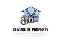 Finance. Arrest of property. House logo in chains with a padlock, handcuffs near it, the inscription seizure of property. Vector Royalty Free Stock Photo