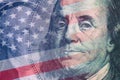 Finance background. Combined image of Benjamin Franklin, United States of America flag and George Washington portraits on the US Royalty Free Stock Photo