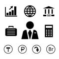 Finance and bank icons with currency symbols.