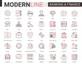 Finance and banking flat thin red black line icons vector illustration set, creative website financial outline symbols